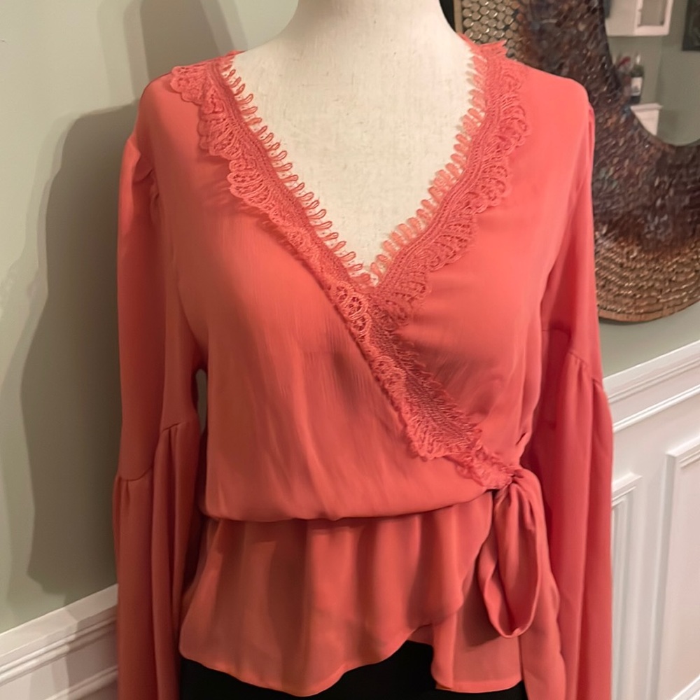 Express coral blouse w v neck lace detail and tie